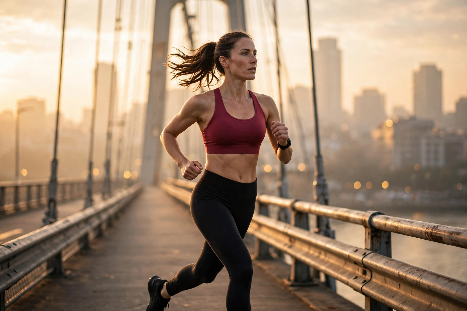 Runner wearing a berry sports bra on a bridge at sunrise.